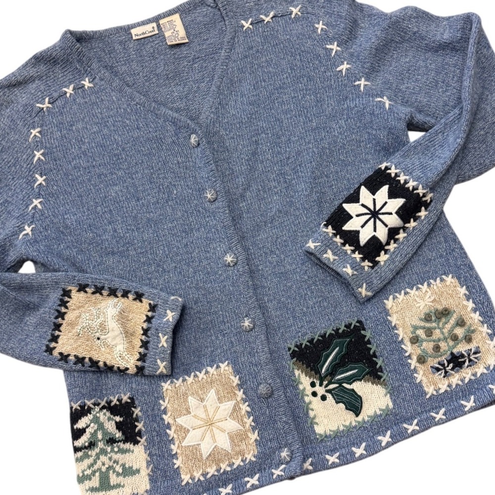NorthCrest Womens Grannycore‎ Blue Knit Cardigan Sweater Winter Patches Size S